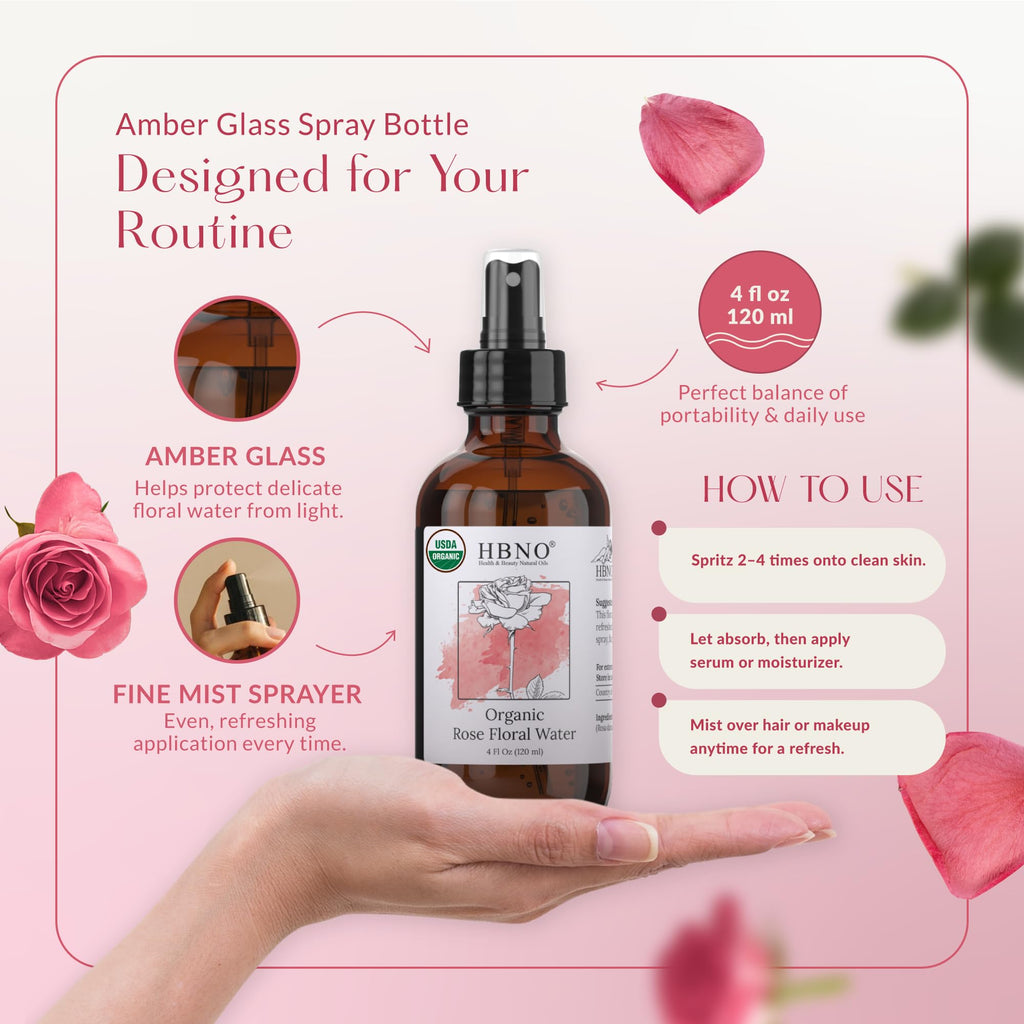 Back view of Hbno rose water bottle with ingredients and usage info