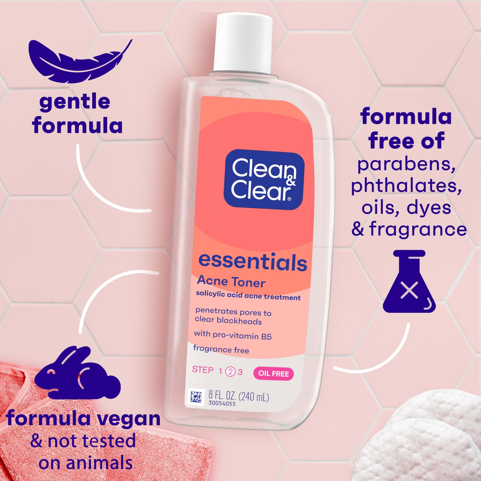 Side view of Clean And Clear facial toner bottle