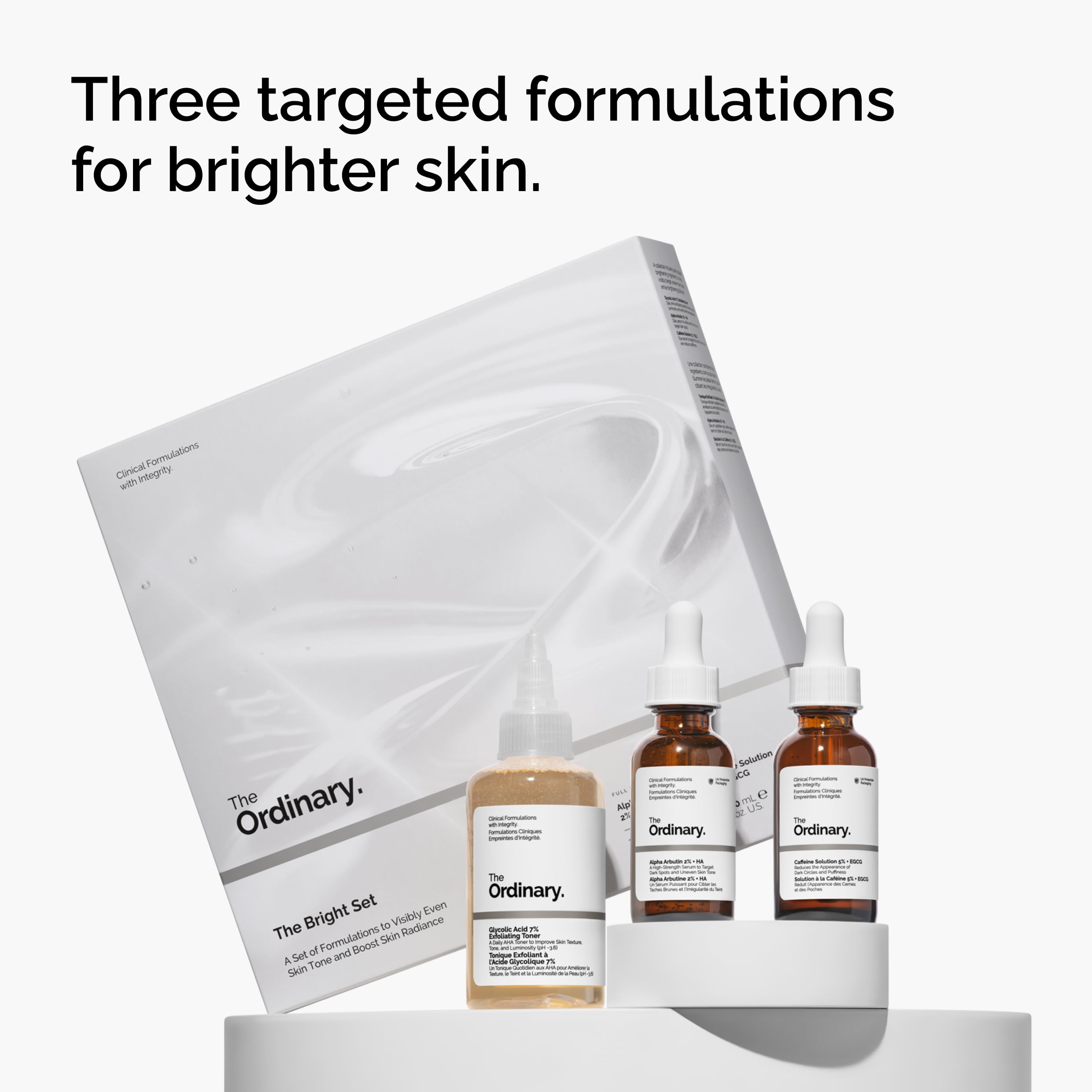The Ordinary Alpha Arbutin serum bottle with dropper displaying a clear liquid consistency