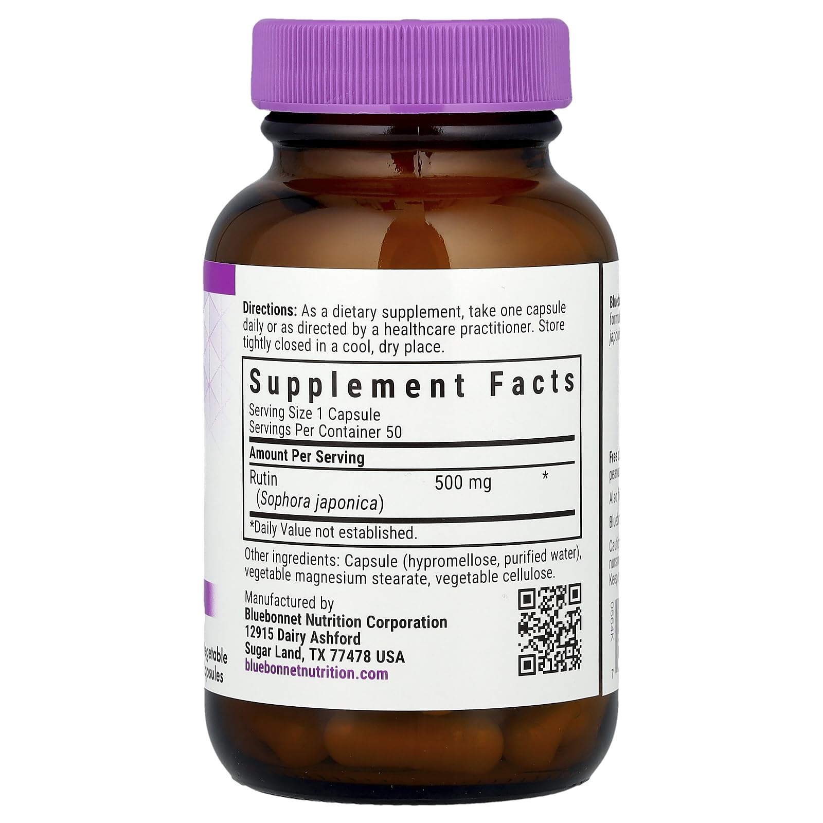 Authentic BlueBonnet plant based rutin bioflavonoid fifty vegetable capsules label details.