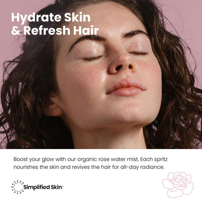 Simplified Skin organic rose water spray nozzle and amber glass packaging