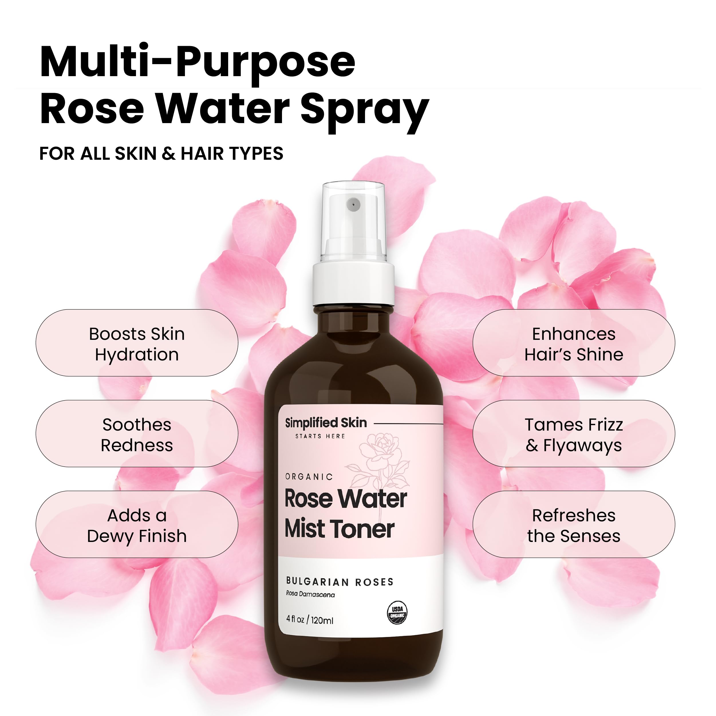 Simplified Skin rose water facial toner misting application on face