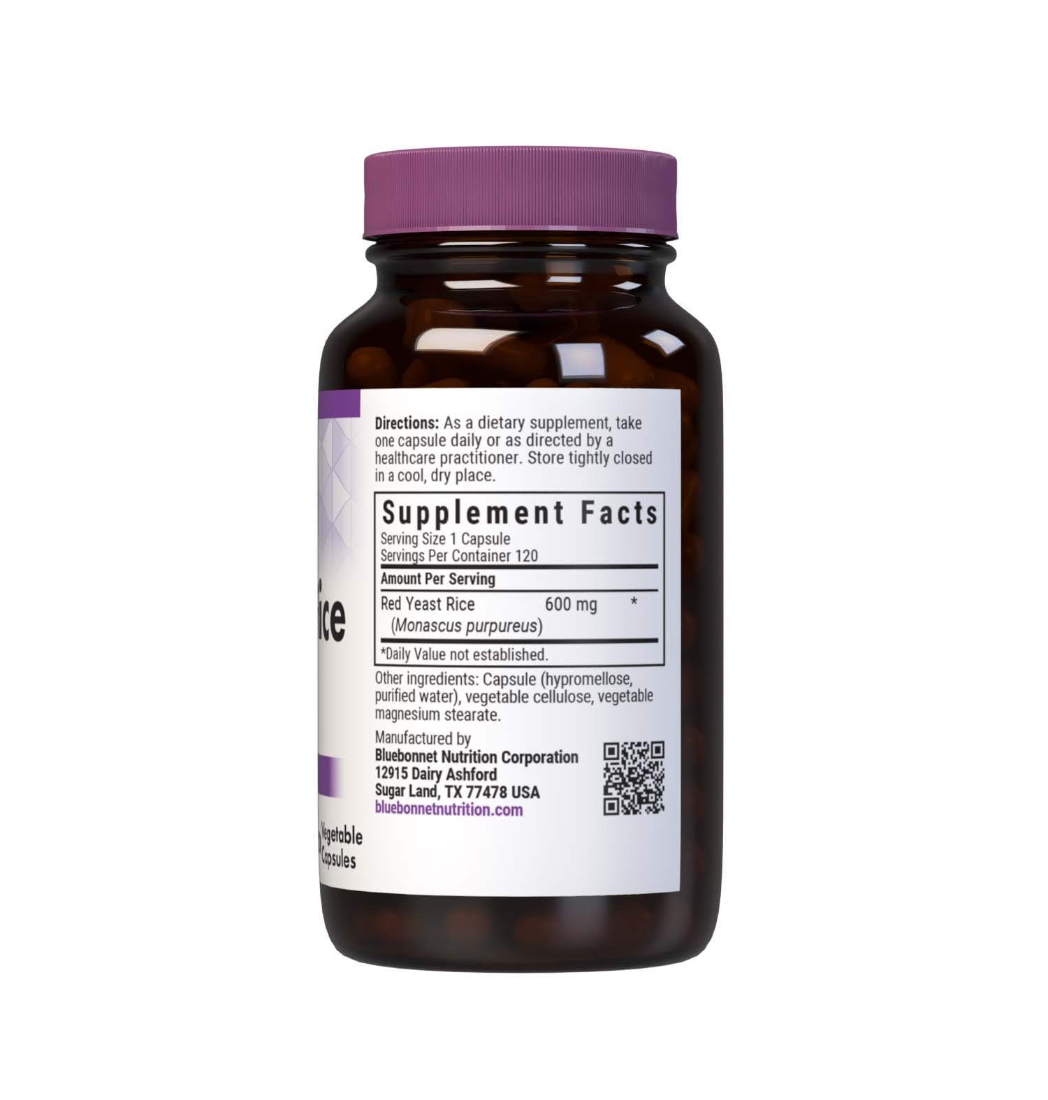 Bluebonnet Red Yeast Rice 120 capsules nutritional facts label and clean ingredient list
