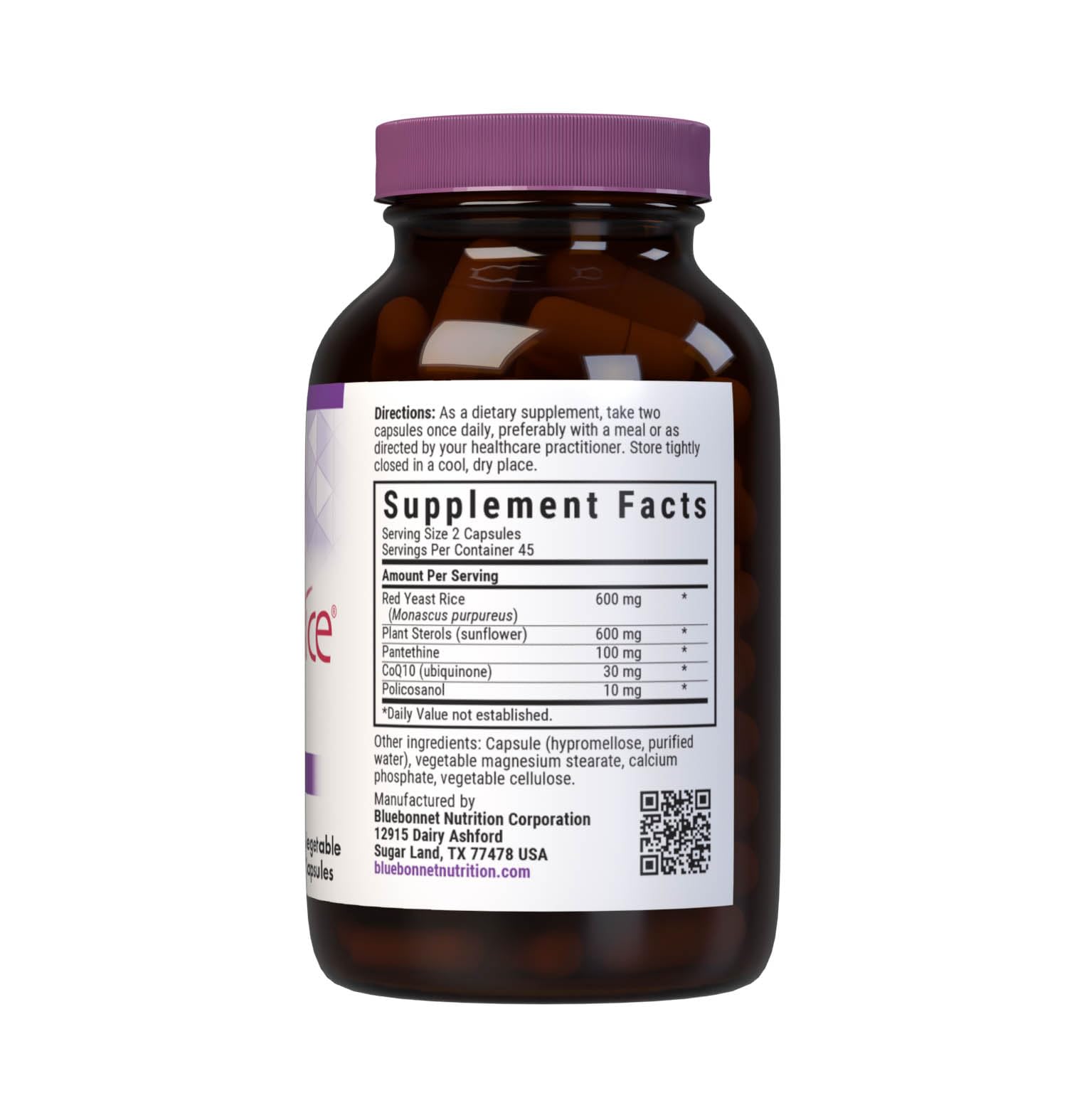 Bluebonnet Nutrition CholesteRice supplement bottle close up displaying the organic ingredients list and vegan certifications