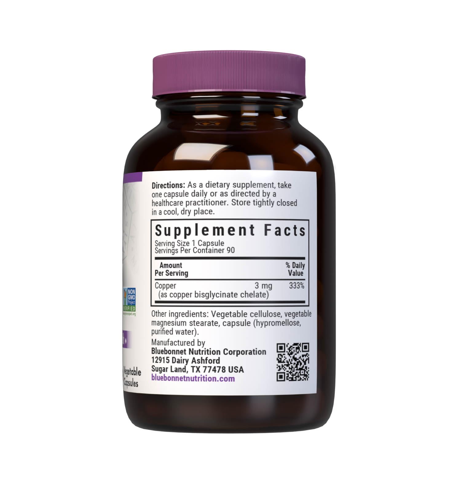 Bluebonnet dietary supplement bottle displaying copper bisglycinate chelate mineral facts.