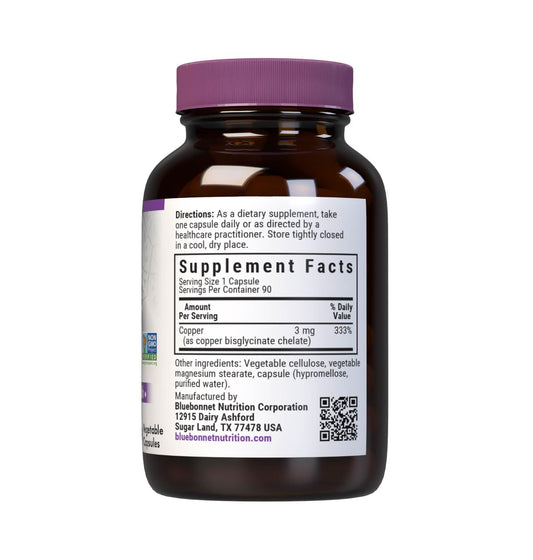 Bluebonnet dietary supplement bottle displaying copper bisglycinate chelate mineral facts.