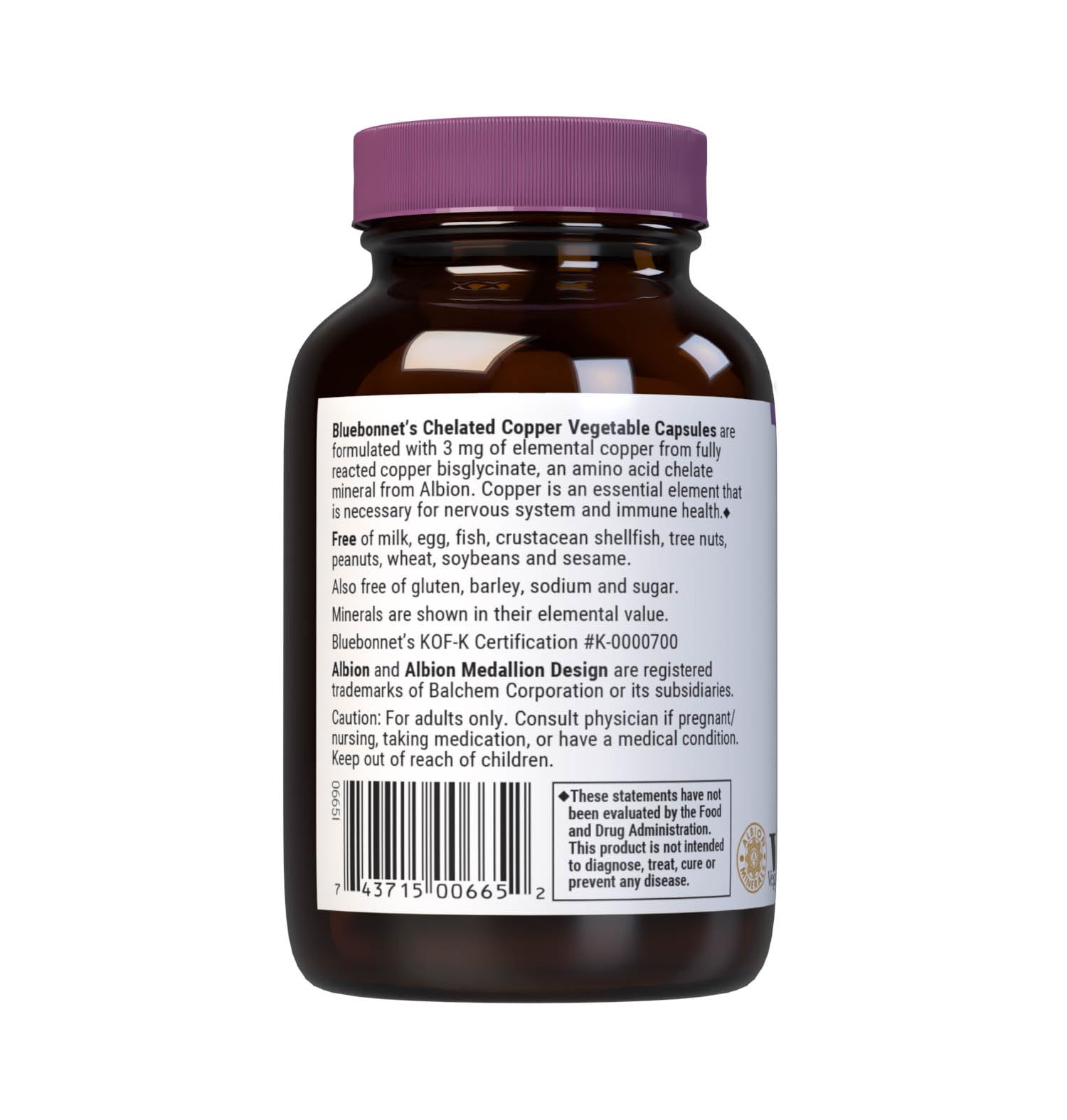 Side angle of Bluebonnet chelated copper trace mineral for immune health.