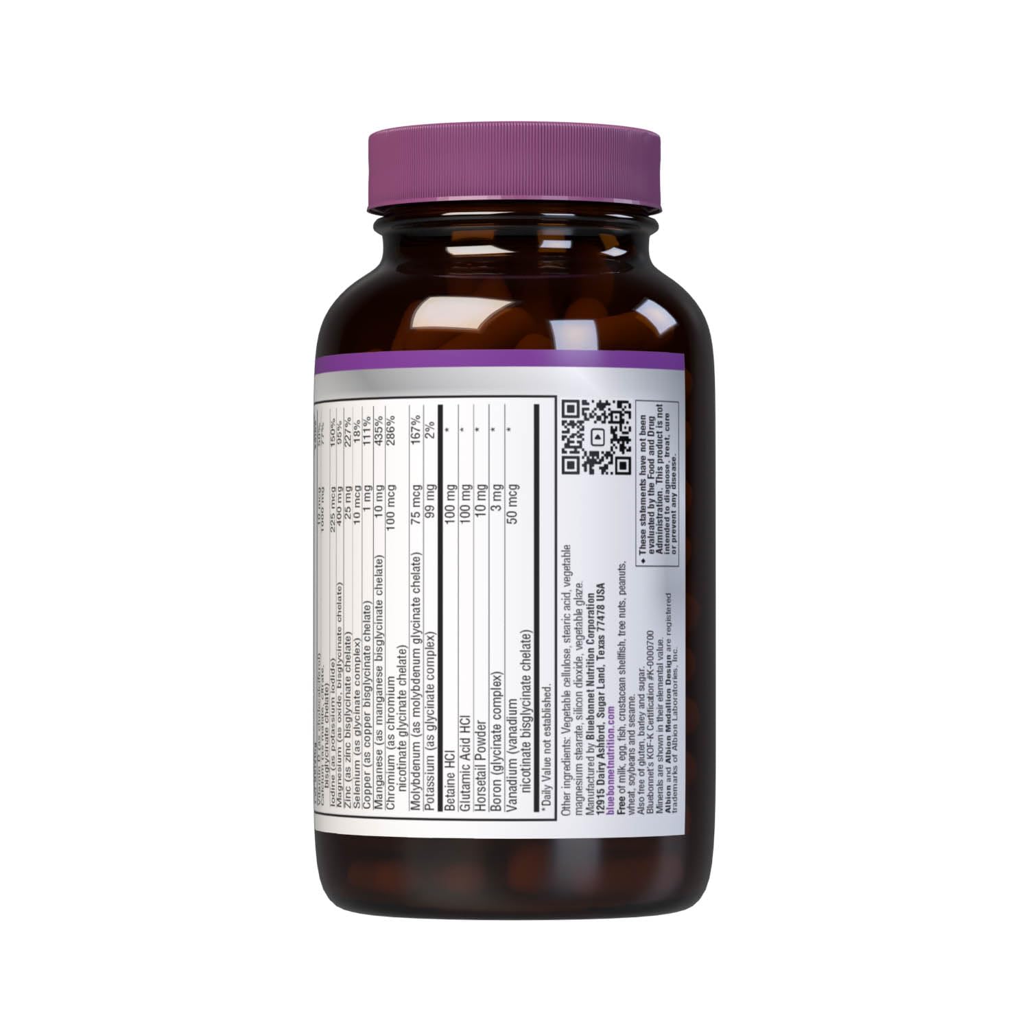 Bluebonnet Nutrition iron free chelated multiminerals 120 caplets allergen information side panel
