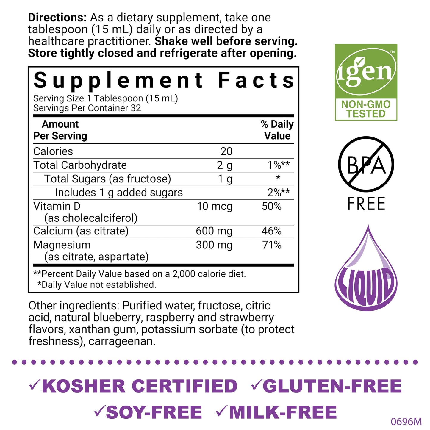 Bluebonnet Liquid Calcium Magnesium Citrate supplement facts and ingredients panel close up