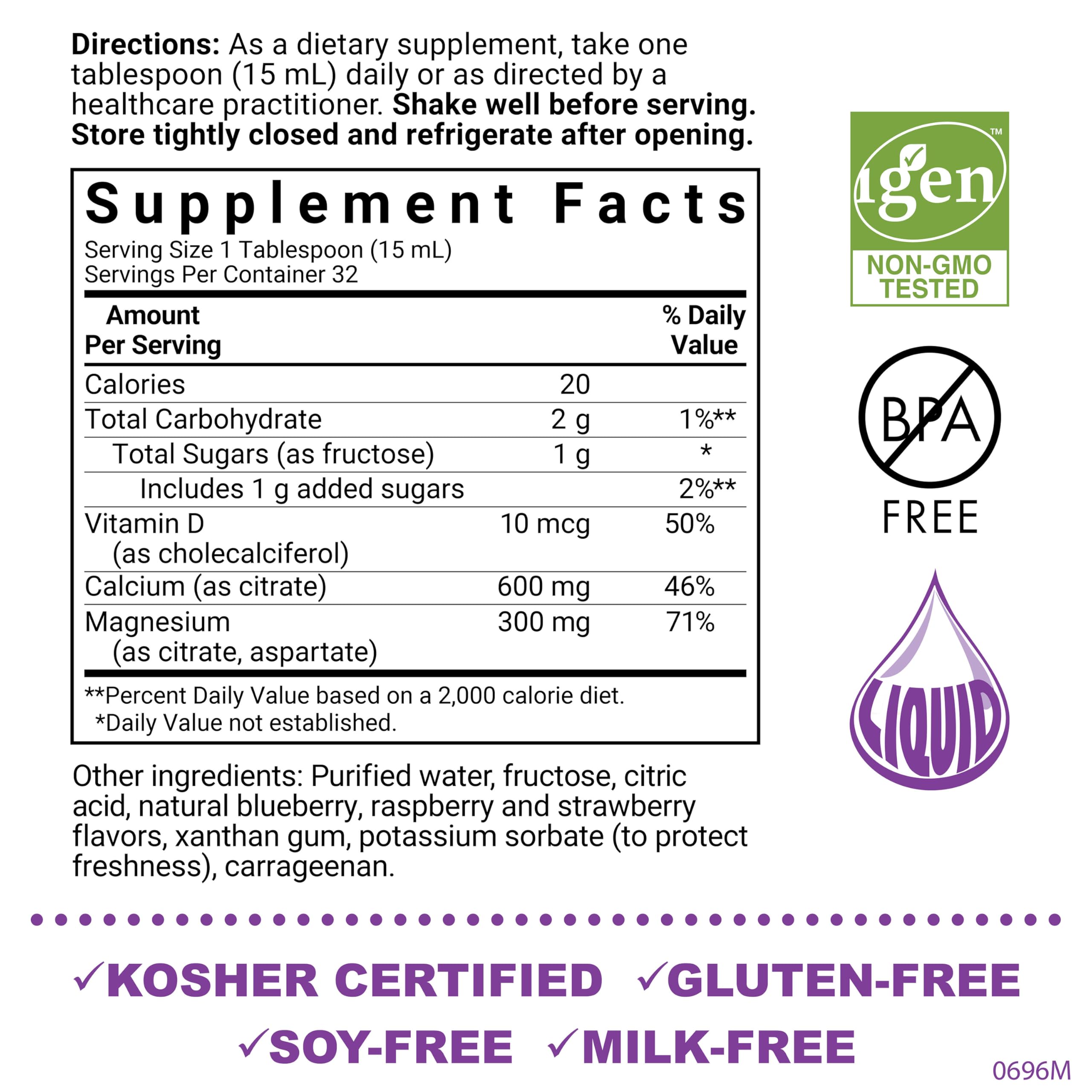 Bluebonnet Liquid Calcium Magnesium Citrate supplement facts and ingredients panel close up