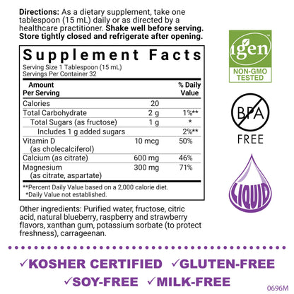 Bluebonnet Liquid Calcium Magnesium Citrate supplement facts and ingredients panel close up