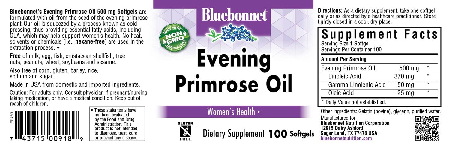 Bluebonnet cold pressed evening primrose oil supplement packaging showing non-GMO and gluten-free labels