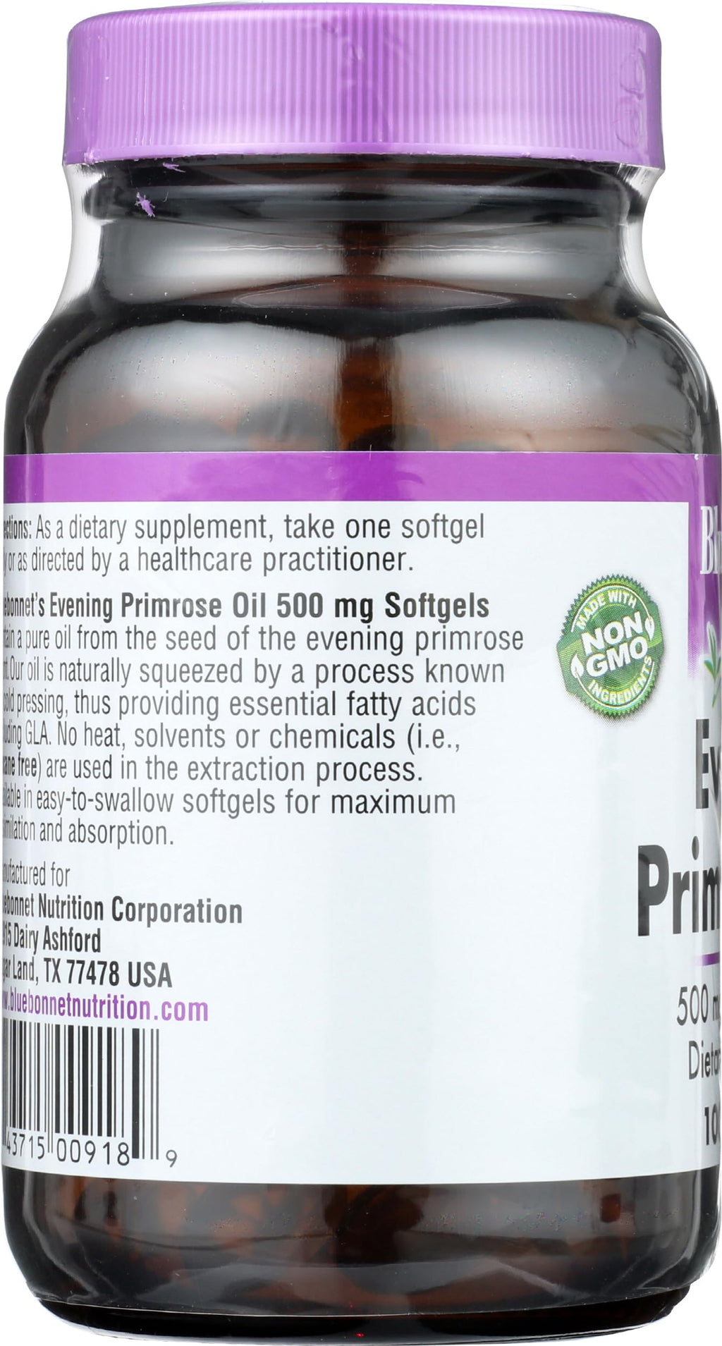 Nutritional facts panel of Bluebonnet evening primrose oil 500mg softgels listing GLA and linoleic acid breakdown
