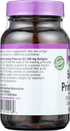 Nutritional facts panel of Bluebonnet evening primrose oil 500mg softgels listing GLA and linoleic acid breakdown