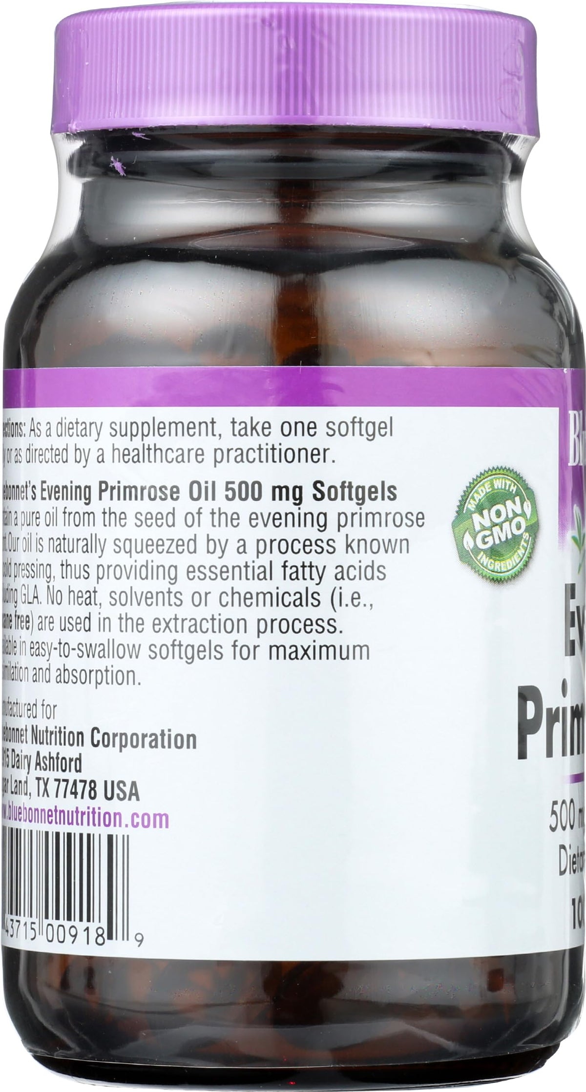 Nutritional facts panel of Bluebonnet evening primrose oil 500mg softgels listing GLA and linoleic acid breakdown