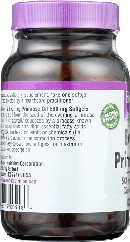 Nutritional facts panel of Bluebonnet evening primrose oil 500mg softgels listing GLA and linoleic acid breakdown