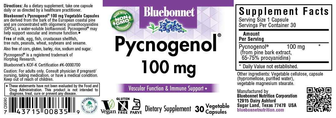 BlueBonnet Pycnogenol natural plant extract supplement premium USA imported packaging showcasing dietary attributes.