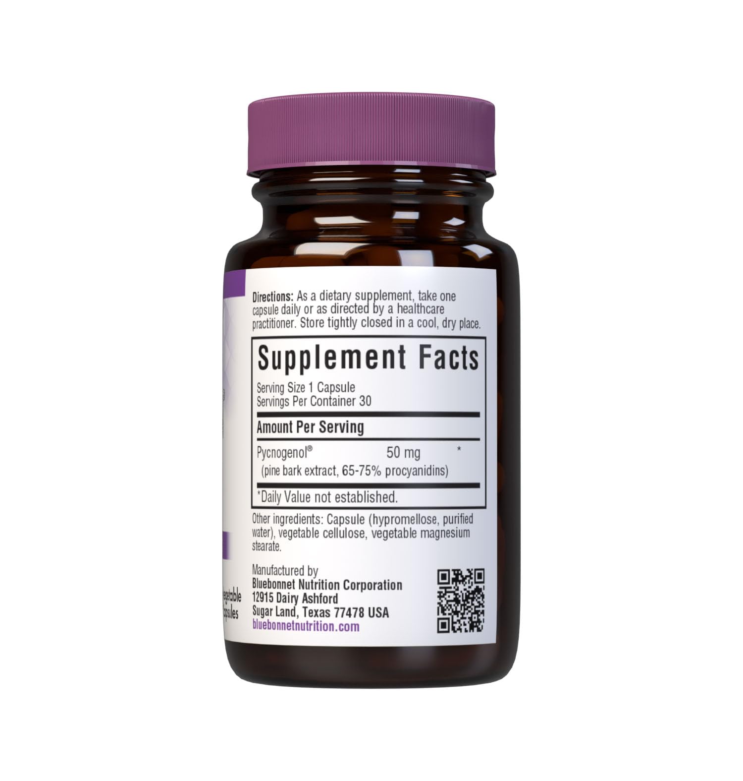 BlueBonnet Pycnogenol 50 mg supplement facts and clean ingredient profile label view
