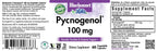 Side supplement facts panel of Bluebonnet Pycnogenol 60 vegetarian capsules bottle detailing active ingredients