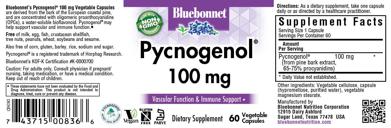 Bluebonnet French Maritime Pine Bark Extract dietary supplement facts and clean ingredient list.