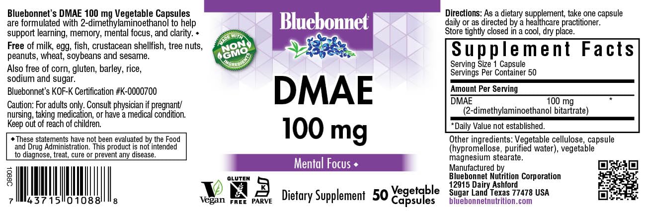 Supplement facts and clean dietary features label view of BlueBonnet DMAE brain health capsules