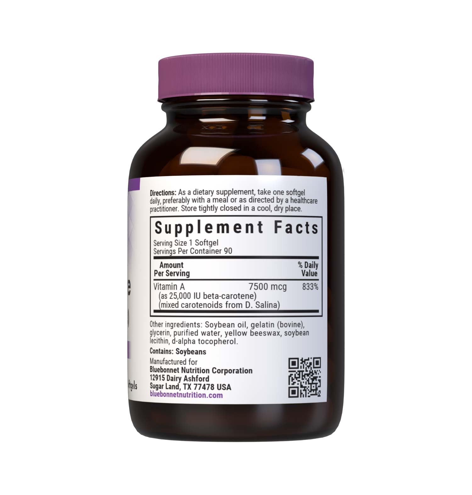 Bluebonnet Nutrition Vitamin A D Salina Beta Carotene supplement supplement facts and ingredient label details