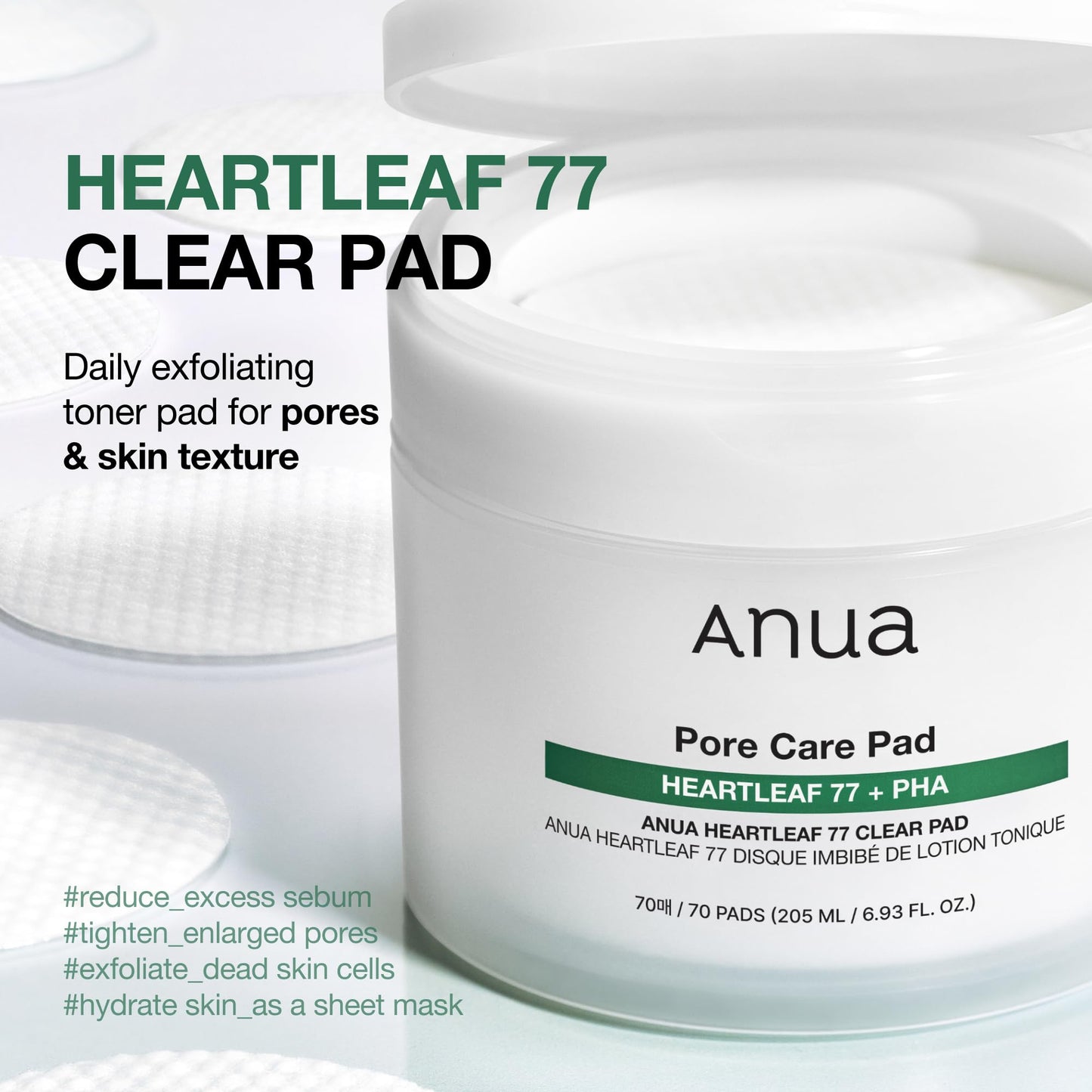 Anua Heartleaf toner pad jar showing textured side of the sheet.