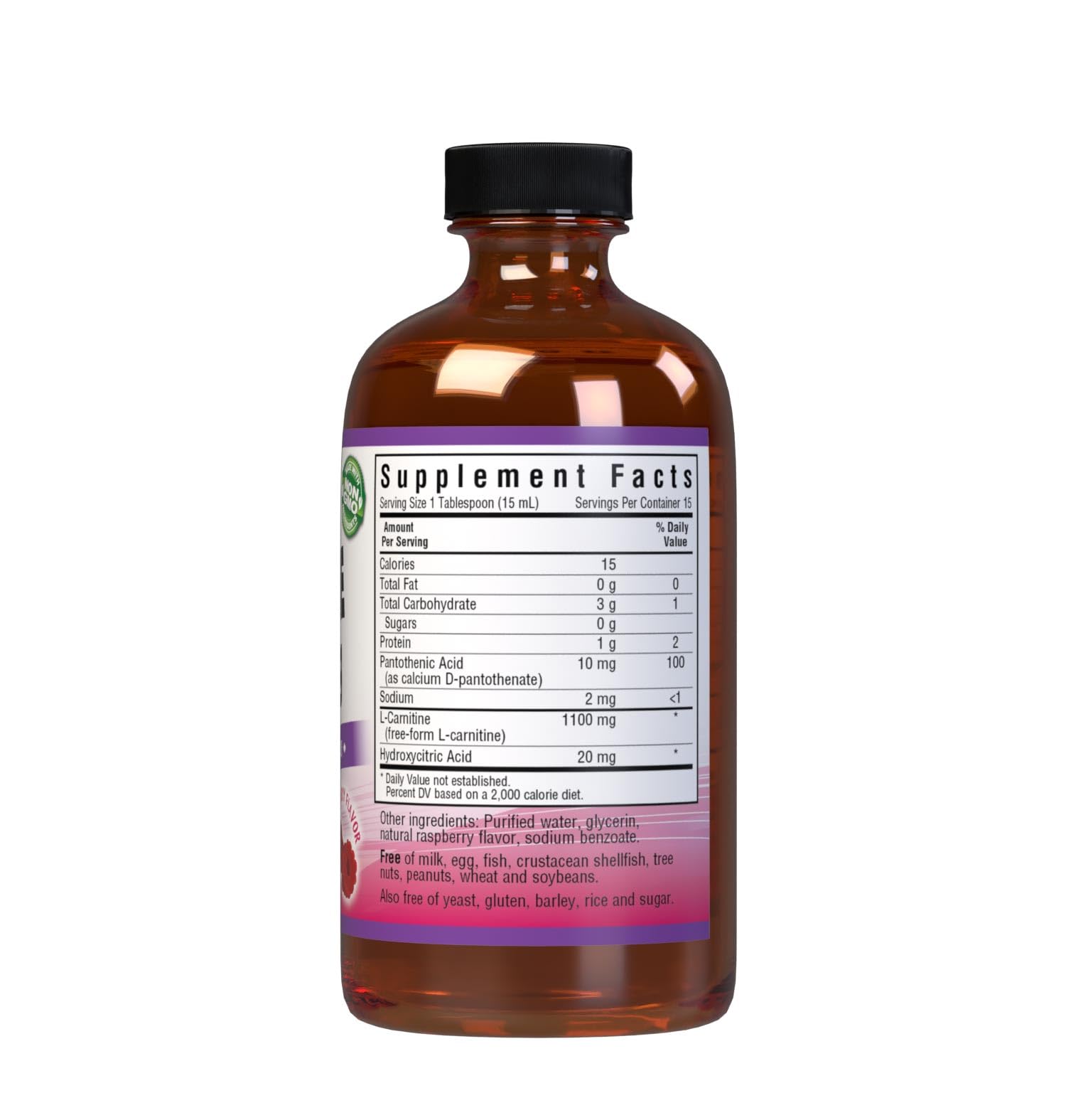 Bluebonnet Nutrition imported liquid L-Carnitine tartrate packaging detailing vegan and gluten-free certifications.