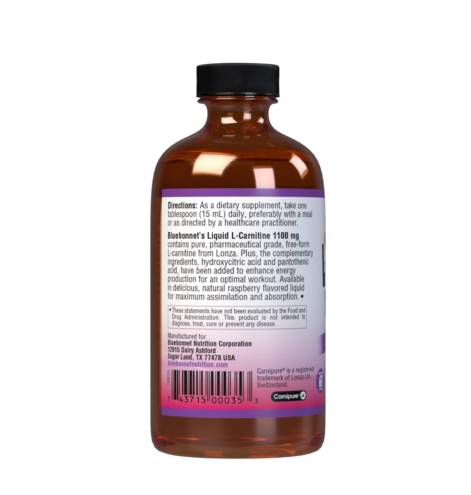 Side view of authentic Bluebonnet fat metabolism liquid supplement showing ingredient breakdown and usage instructions.
