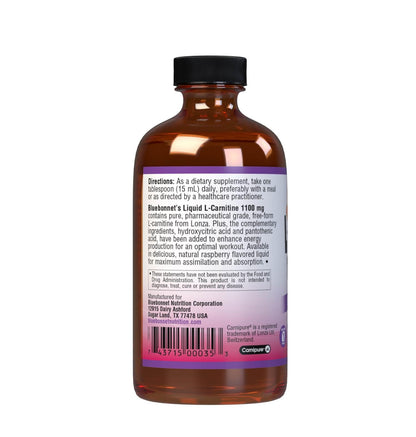 Side view of authentic Bluebonnet fat metabolism liquid supplement showing ingredient breakdown and usage instructions.