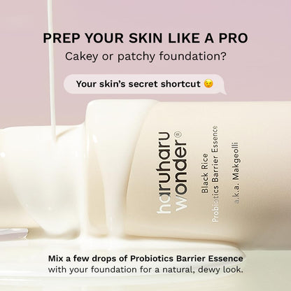 Haruharu Wonder Black Rice Probiotics Barrier Essence bottle being held to demonstrate size