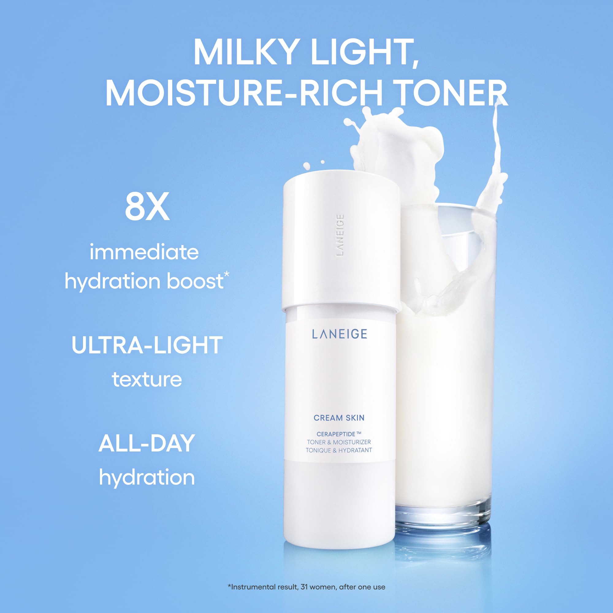 Laneige Korean milky toner hybrid packaging displaying product labels and benefits