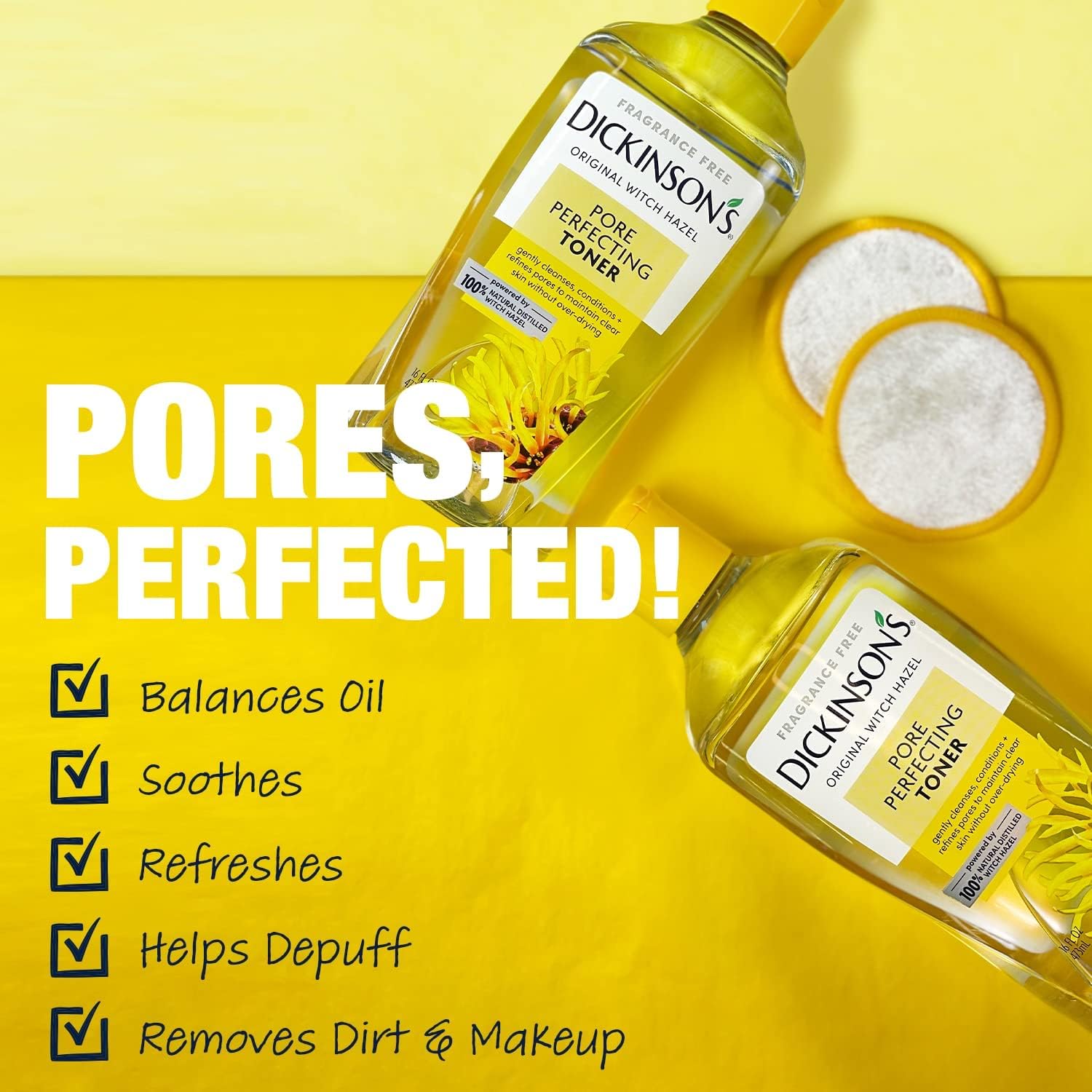 Close up of Dickinson's pore perfecting toner bottle branding