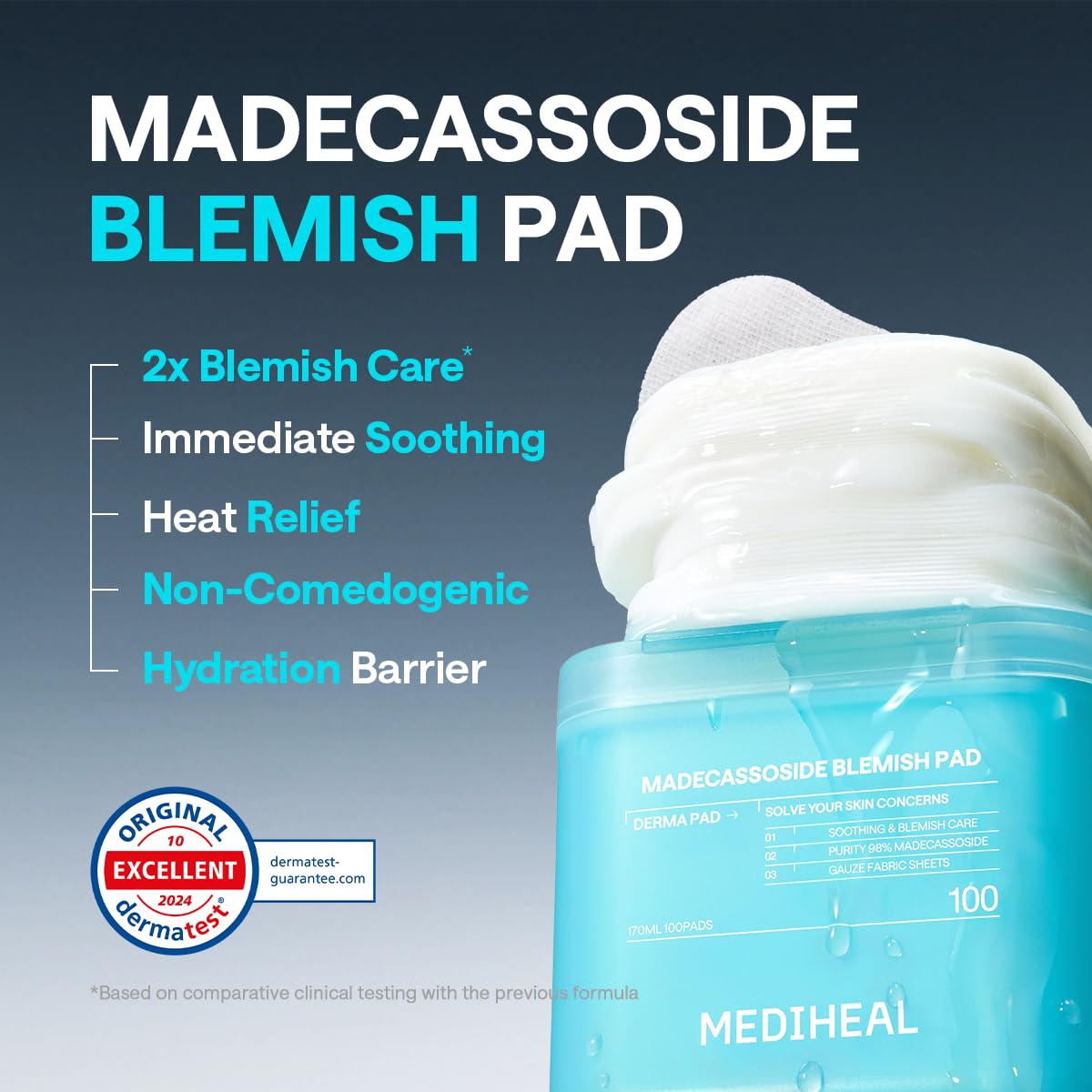 Mediheal Madecassoside Blemish Pad being applied to the cheek as a targeted sheet mask