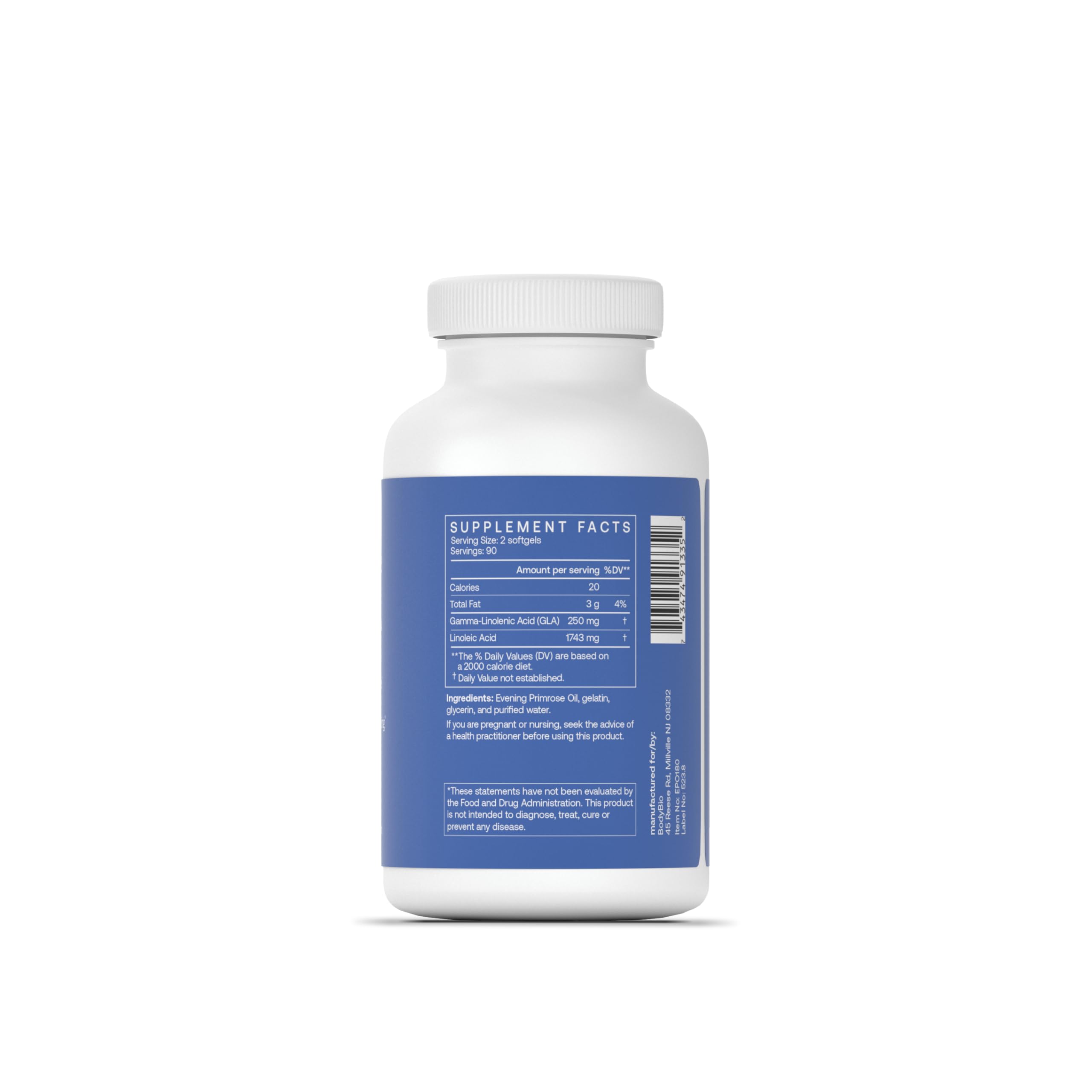 BodyBio Evening Primrose Oil cold pressed supplement bottle showing nutritional facts label