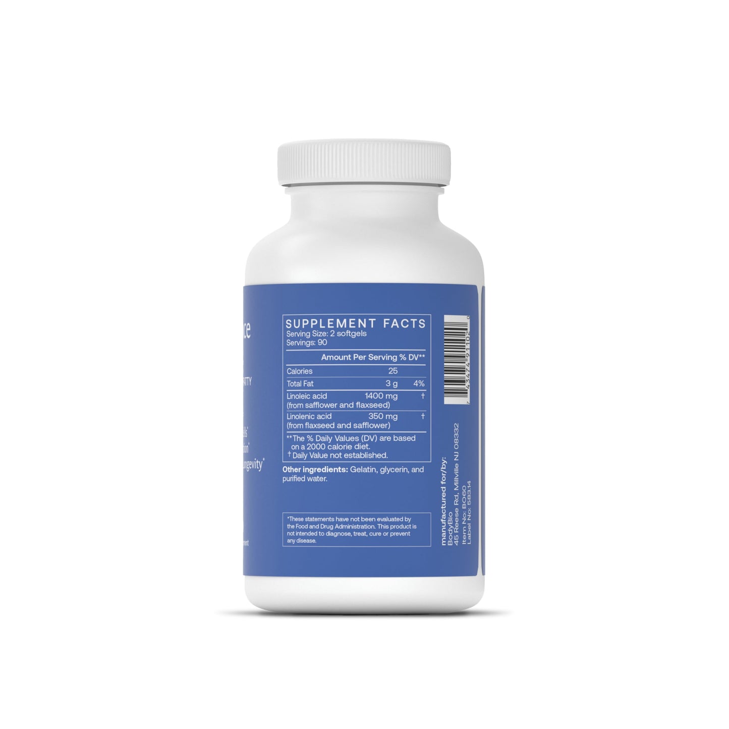 BodyBio Balance Oil omega 3 and 6 supplement label showcasing cold pressed ingredients