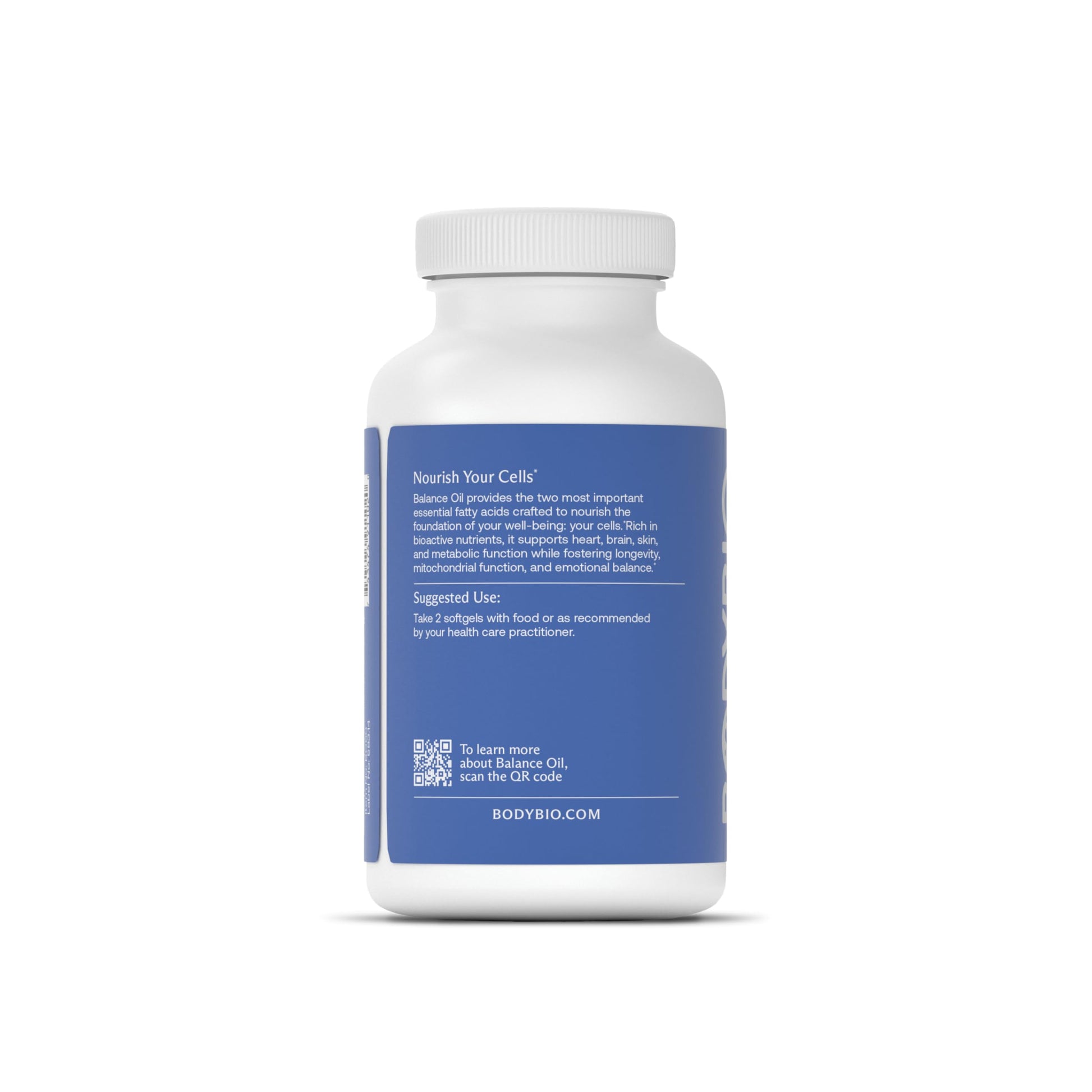Side profile of BodyBio Balance Oil bottle illustrating nutritional facts and 4 to 1 ratio