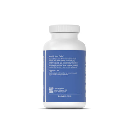 Side profile of BodyBio Balance Oil bottle illustrating nutritional facts and 4 to 1 ratio