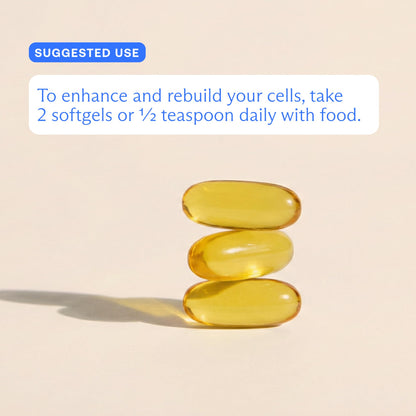 Close up of the usage instructions on the BodyBio Balance Oil 180 softgels packaging