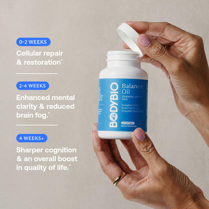 Authentic BodyBio Balance Oil bottle displayed on a clean background for premium skincare and wellness