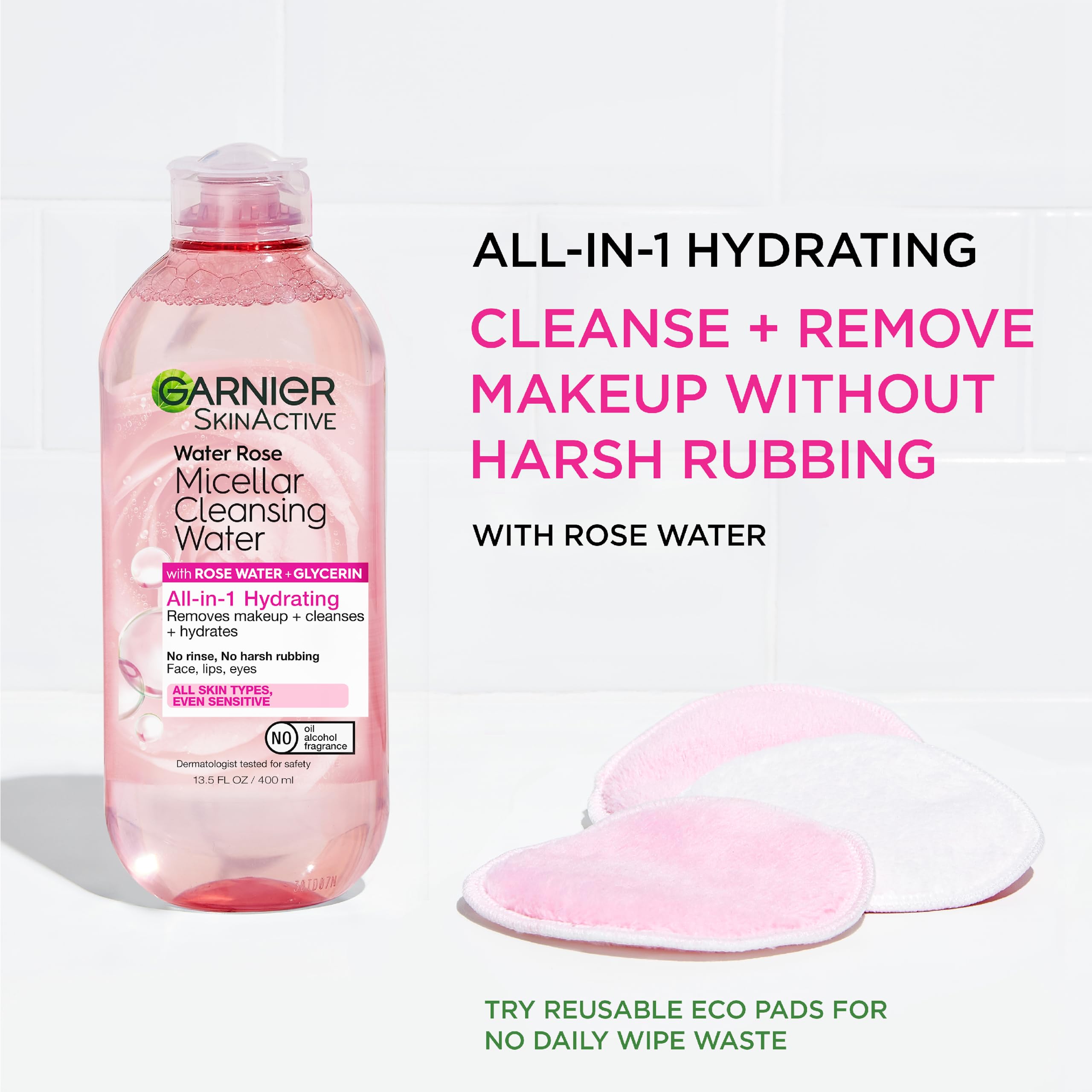 Close up of Garnier rose water micellar cleanser bottle texture