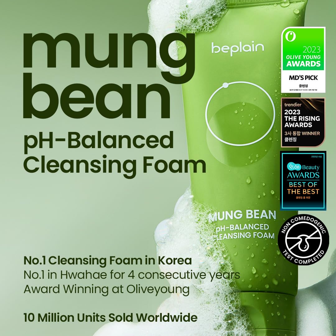 Beplain Mung Bean cleanser texture showing pale green cream