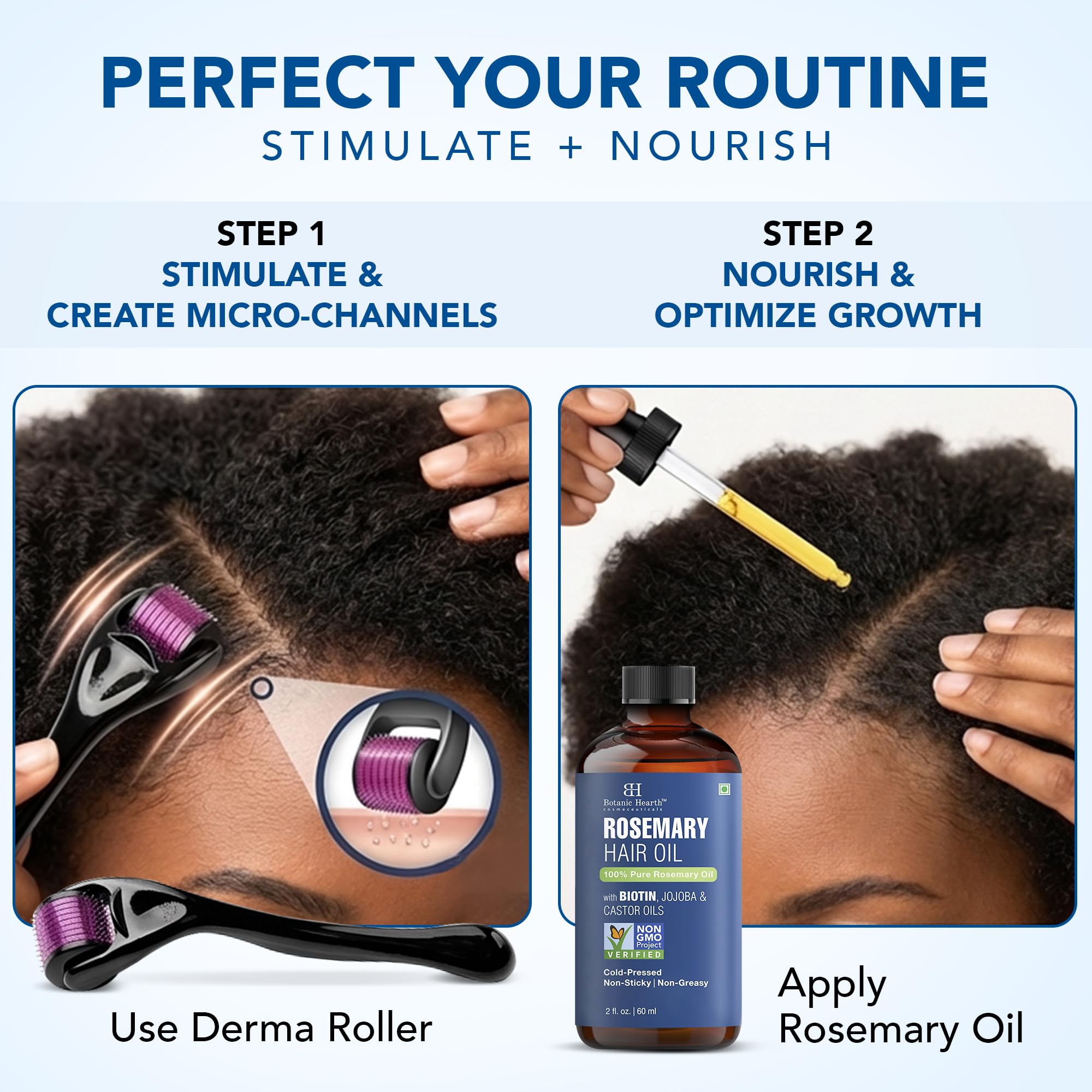Botanic Hearth hair growth kit containing two fluid ounce oil and titanium derma roller