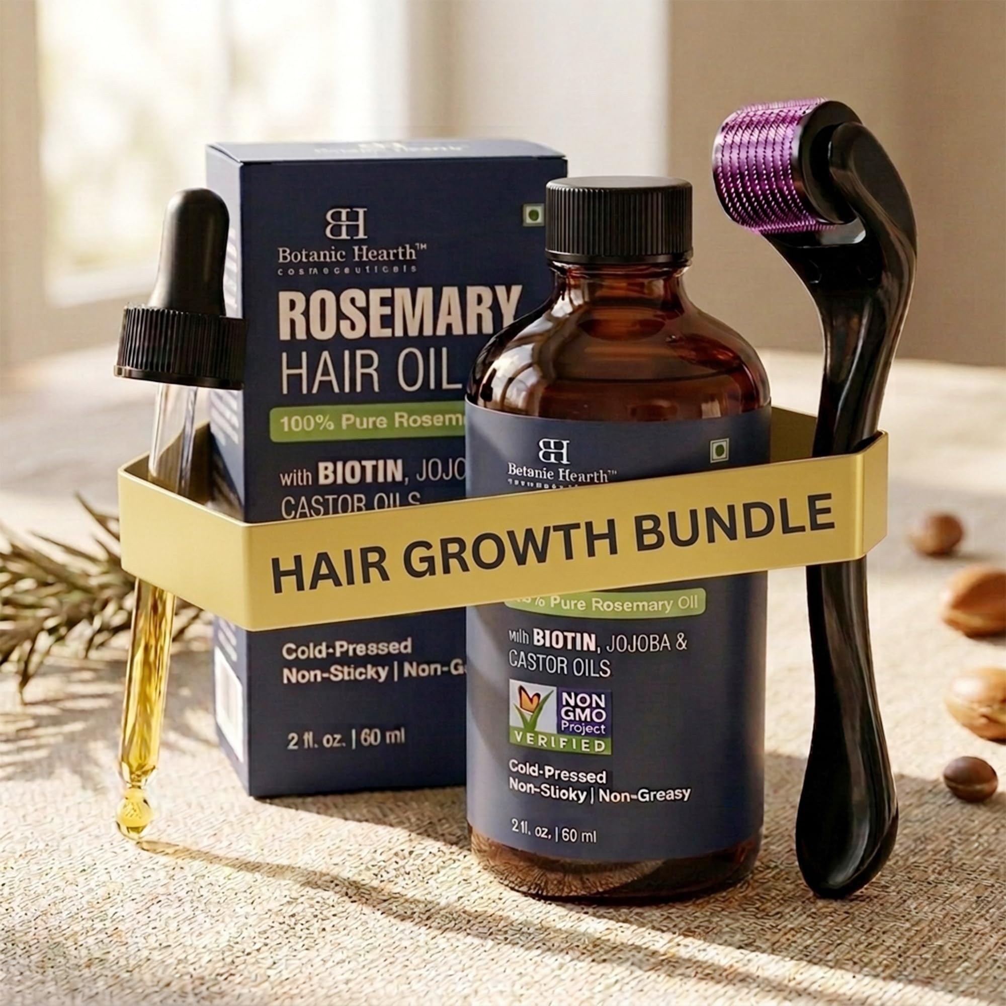Botanic Hearth scalp treatment oil bottle alongside the micro needling derma roller