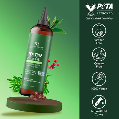 Botanic Hearth pure tea tree oil bottle showcasing ingredients list