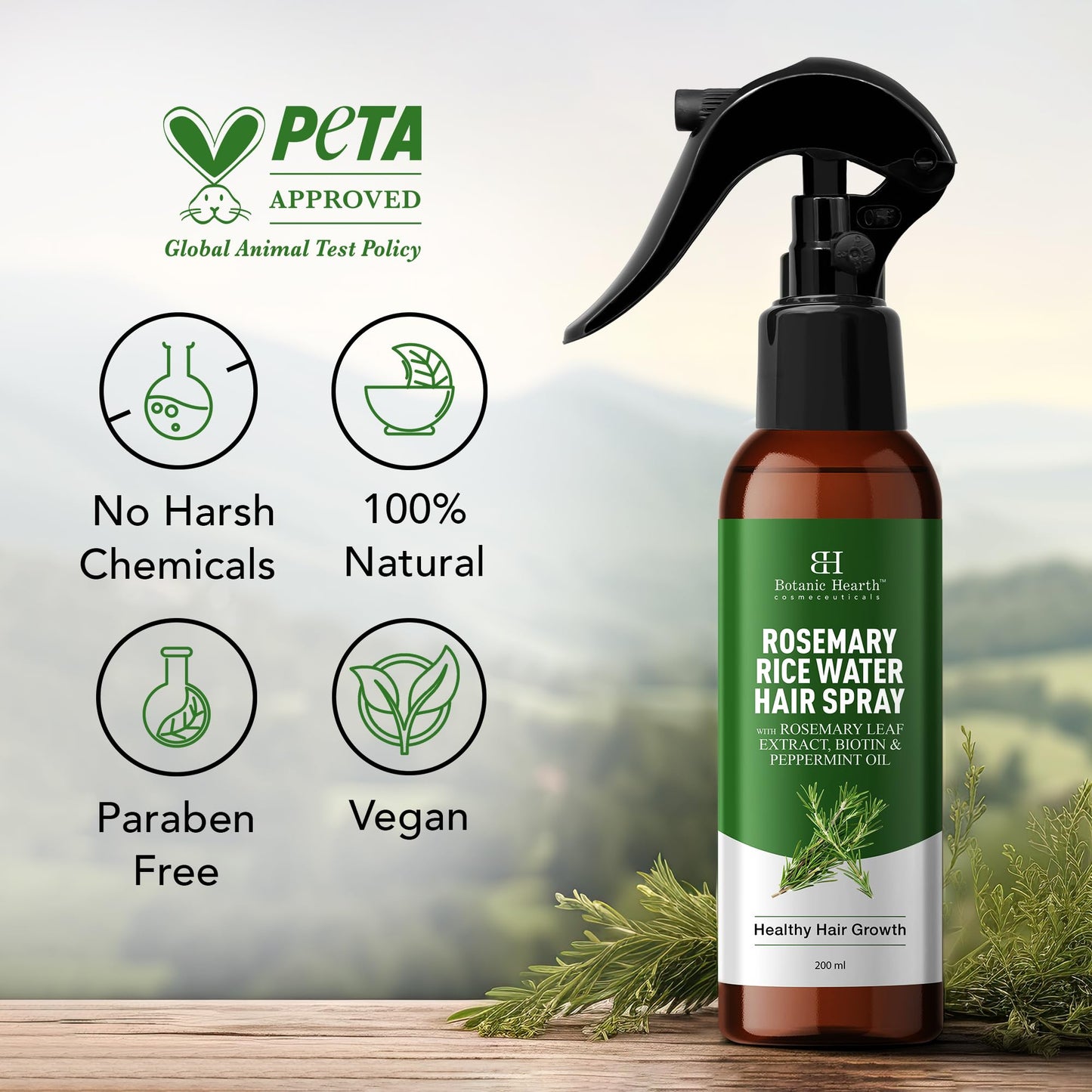 Botanic Hearth hair growth spray bottle beside hair strands