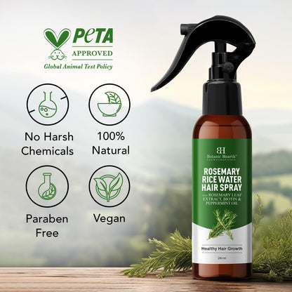 Botanic Hearth hair growth spray bottle beside hair strands