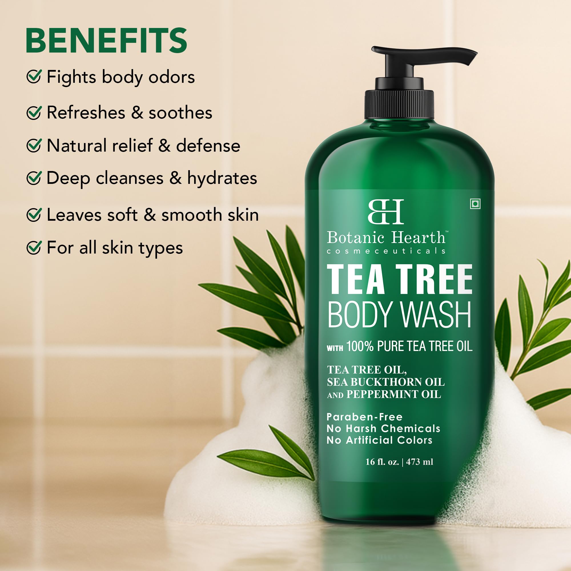 Botanic Hearth tea tree shower gel label details