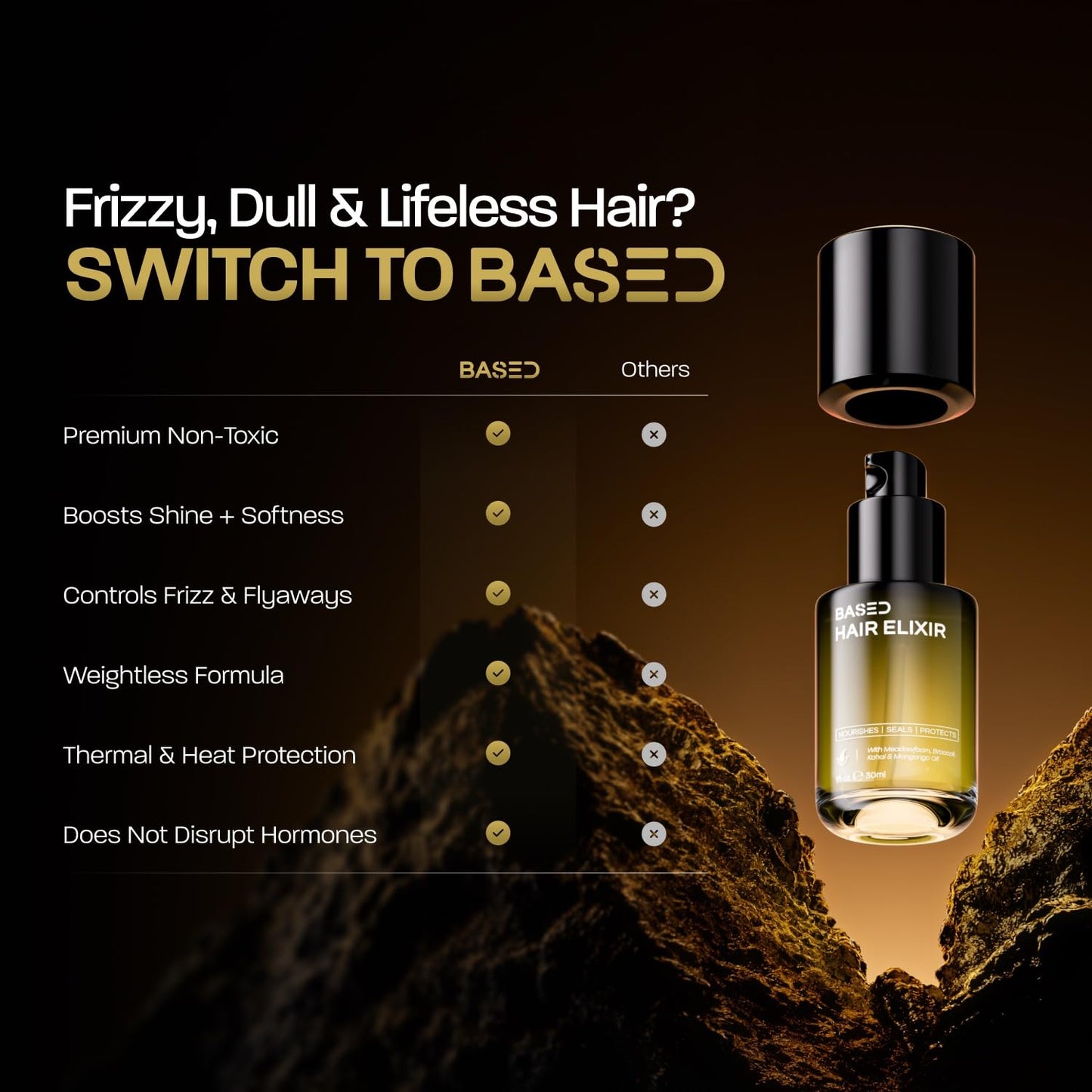 BASED BODYWORKS Hair Elixir weightless formula bottle on minimalist display background