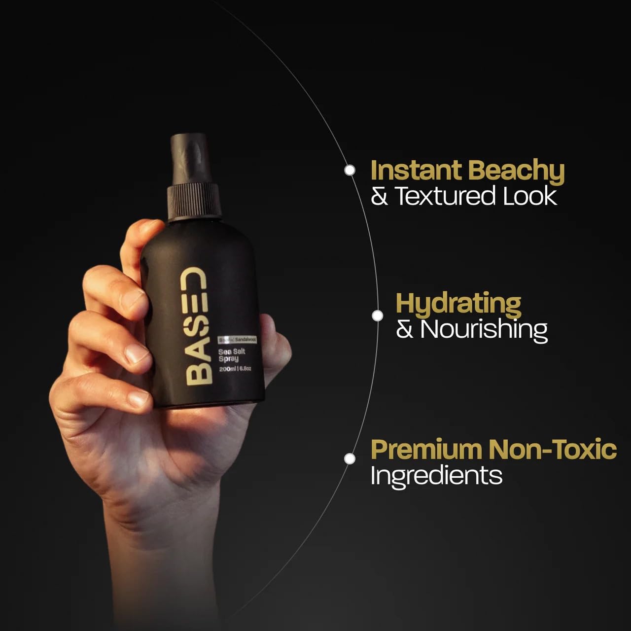 Based Bodyworks volumizing hair spray bottle angled shot showcasing premium santal packaging